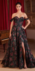 Ladivine CD806 Black Off The Shoulder Ball Gown With Floral Underlay