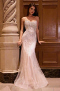 Ladivine CD866 Fitted Fringe Embellished Tulle Overlay Nude Lining Formal Gown
