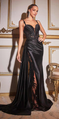 Ladivine CDS417 Floor Length Soft Satin Fitted Gown with Side Sash