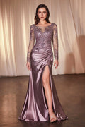 Ladivine CDS505 Dress Lace Long Sleeve Satin Fitted Gown