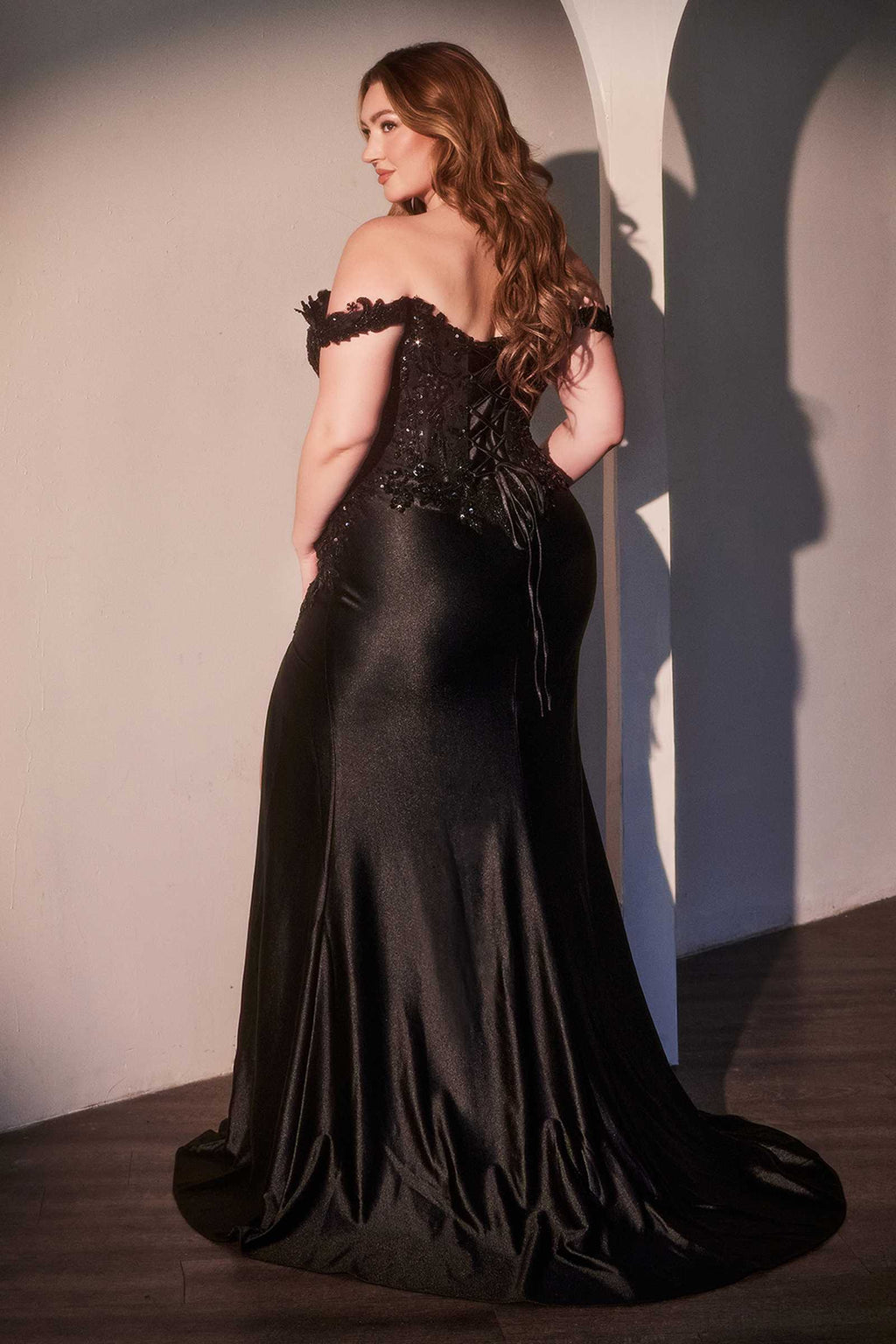 CLEARANCE - Ladivine CDS537C Off The Shoulder Lace & Satin Black Dress (Size 20)
