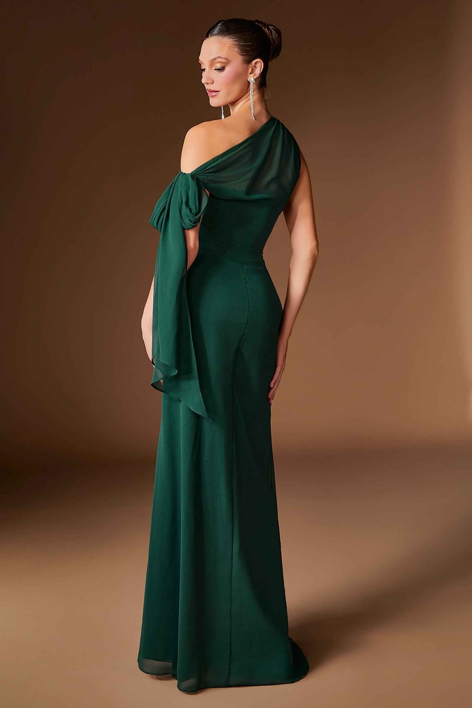Ladivine CH2612 One Shoulder Fitted Flowing Chiffon Formal Gown
