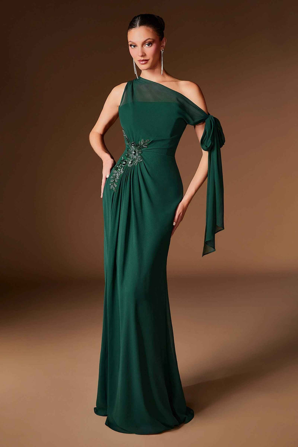 Ladivine CH2612 One Shoulder Fitted Flowing Chiffon Formal Gown