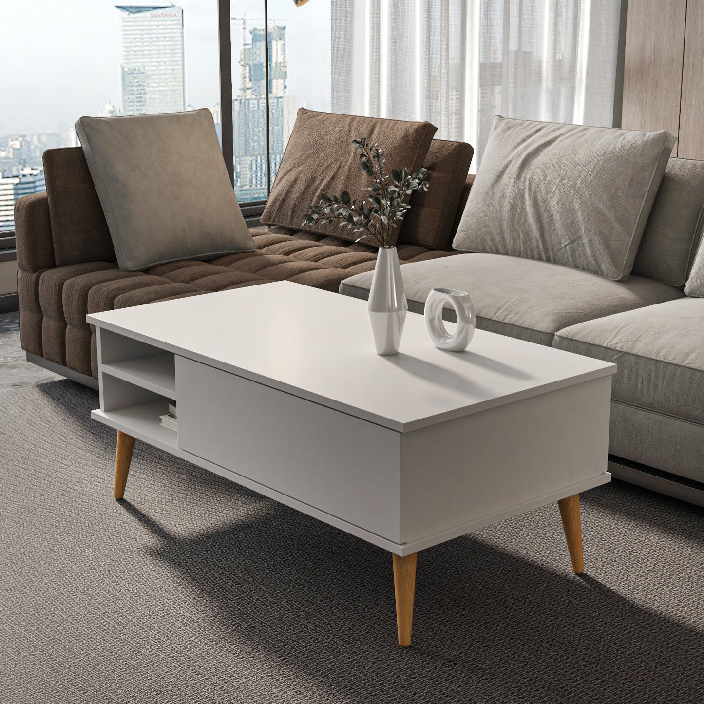 Como 47" Modern Coffee Table with Hidden Compartment and Open Shelves