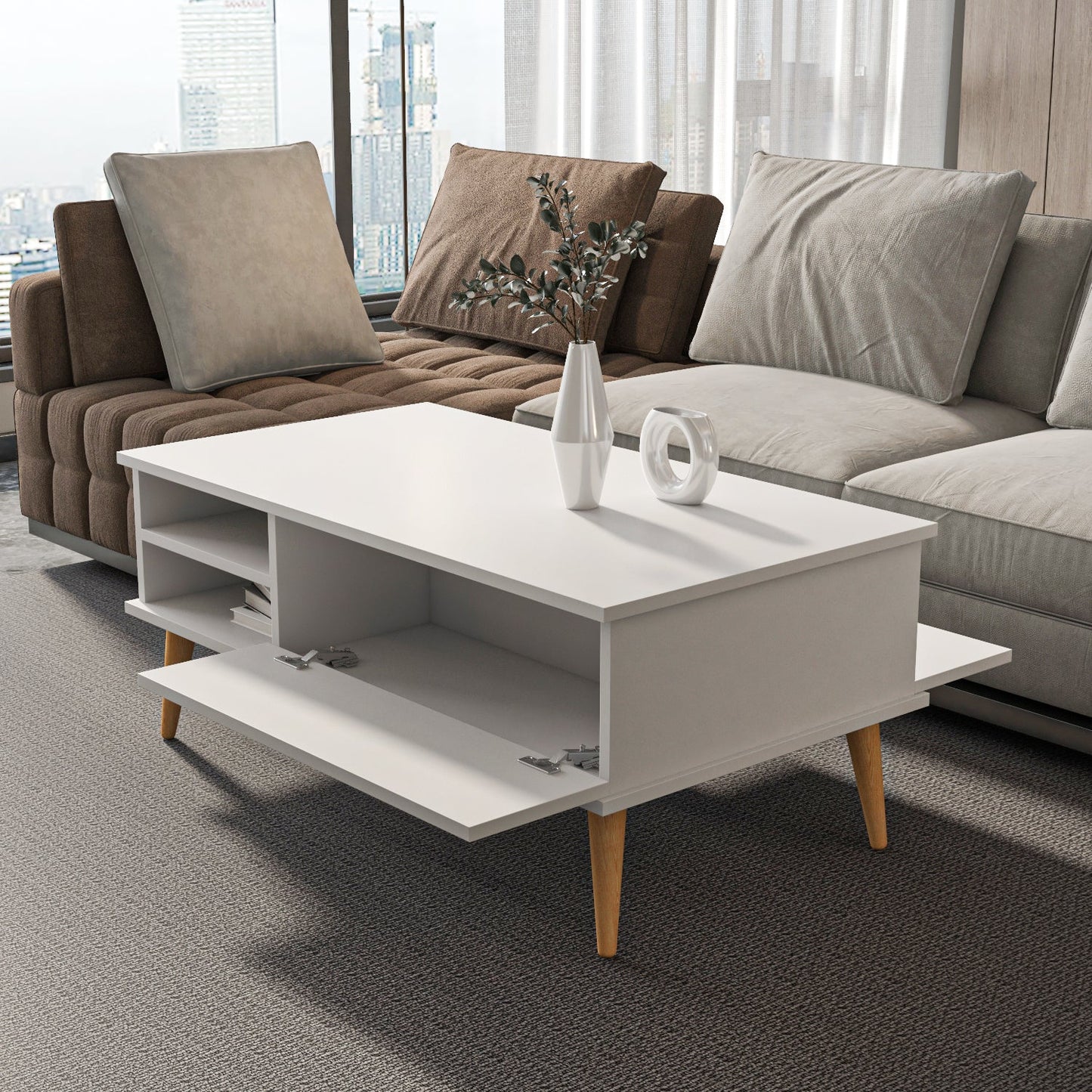 Como 47" Modern Coffee Table with Hidden Compartment and Open Shelves