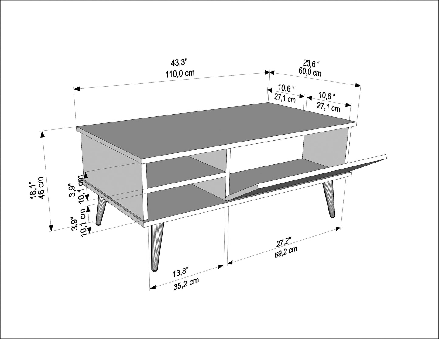 Como 47" Modern Coffee Table with Hidden Compartment and Open Shelves
