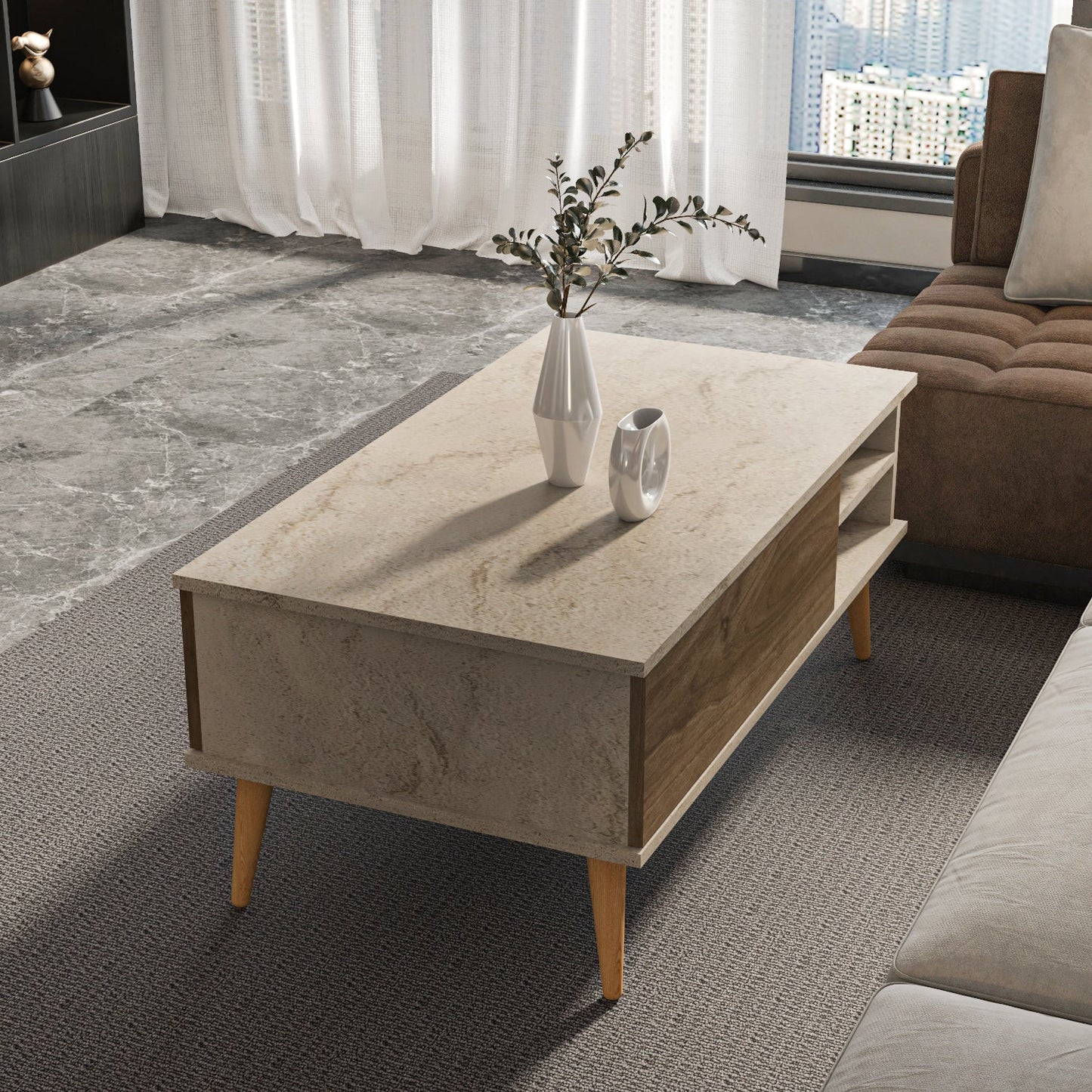 Como 47" Modern Coffee Table with Hidden Compartment and Open Shelves