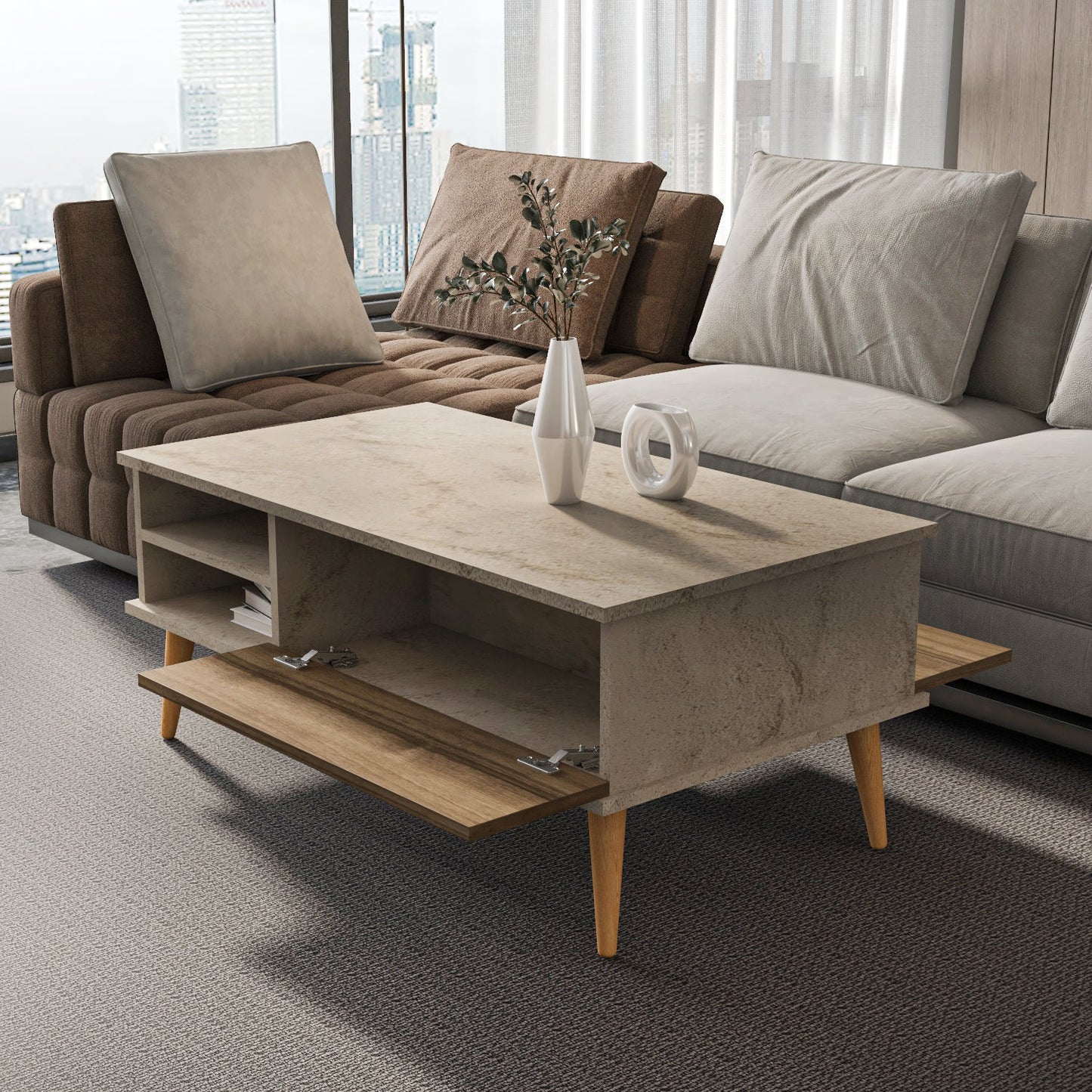 Como 47" Modern Coffee Table with Hidden Compartment and Open Shelves