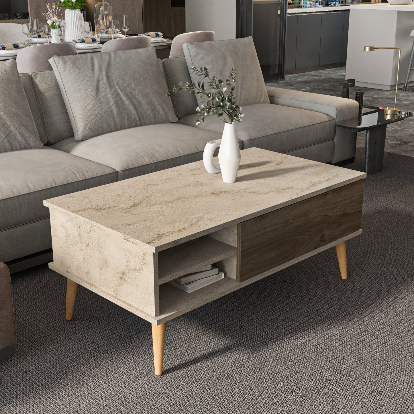 Como 47" Modern Coffee Table with Hidden Compartment and Open Shelves