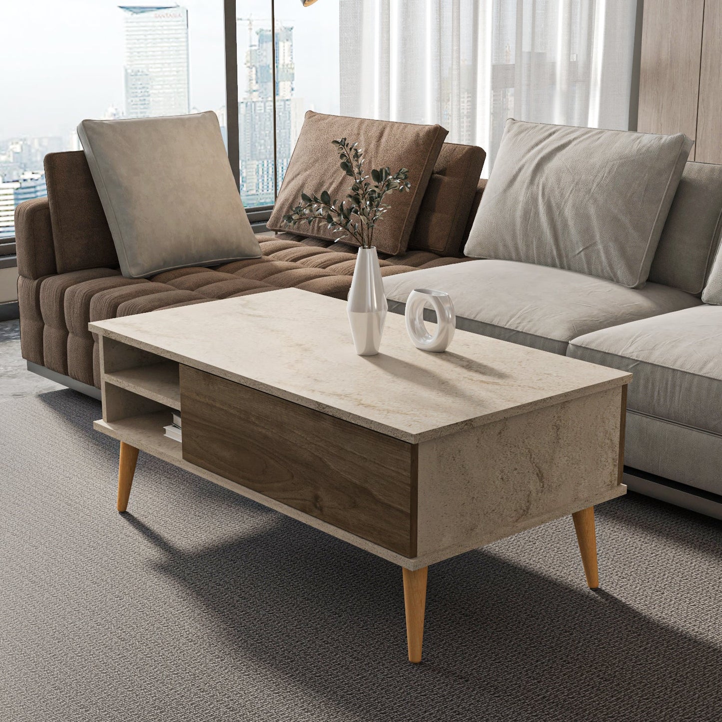 Como 47" Modern Coffee Table with Hidden Compartment and Open Shelves