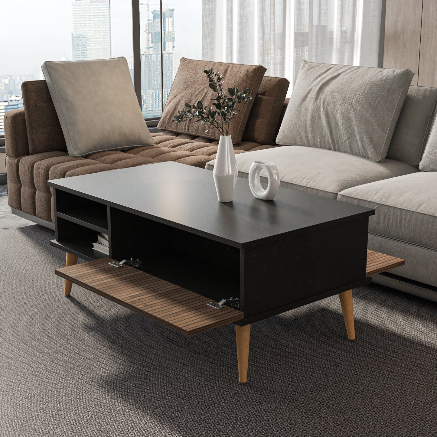 Como 47" Modern Coffee Table with Hidden Compartment and Open Shelves