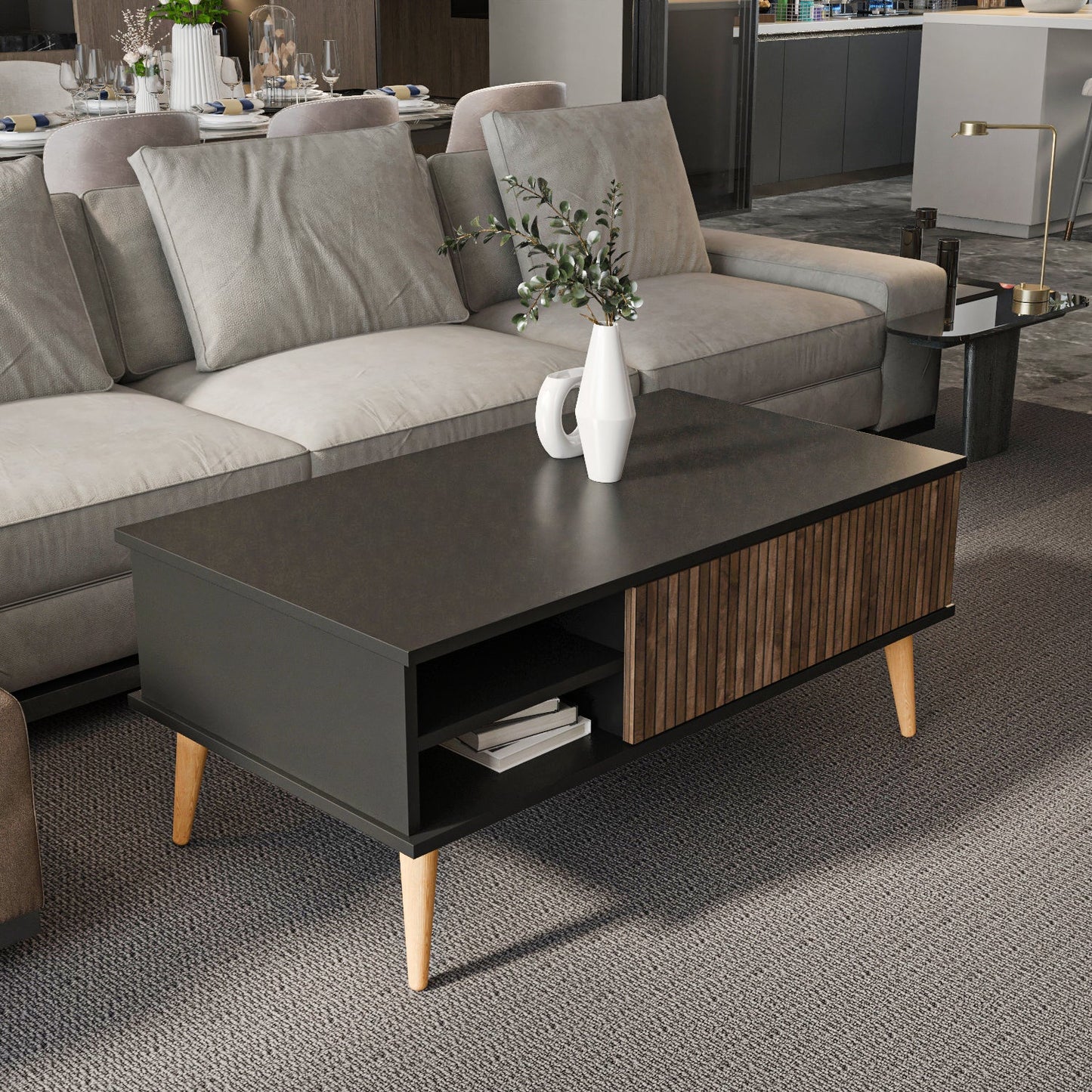 Como 47" Modern Coffee Table with Hidden Compartment and Open Shelves