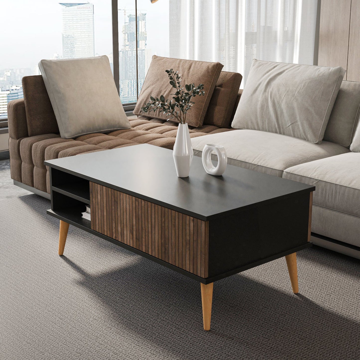 Como 47" Modern Coffee Table with Hidden Compartment and Open Shelves