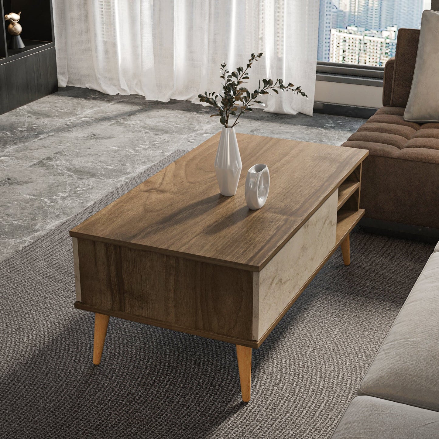 Como 47" Modern Coffee Table with Hidden Compartment and Open Shelves