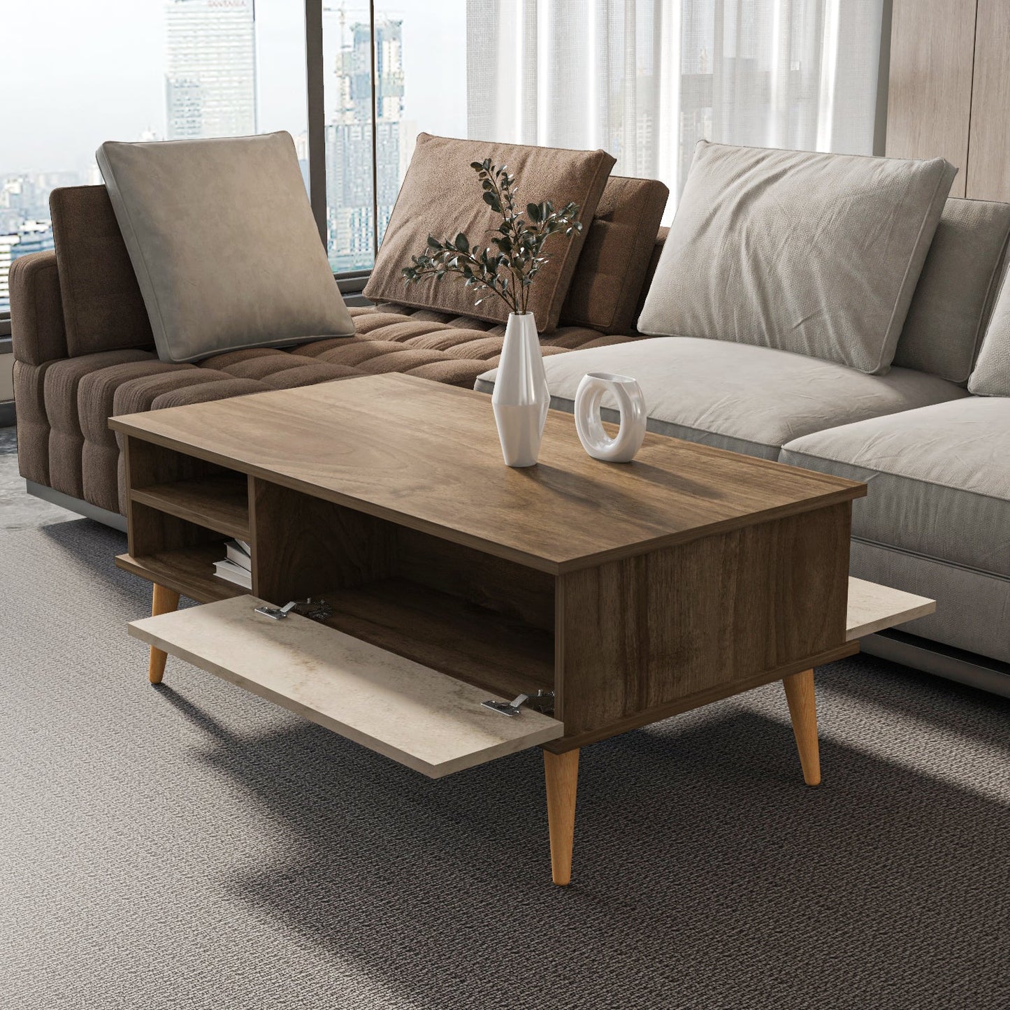 Como 47" Modern Coffee Table with Hidden Compartment and Open Shelves