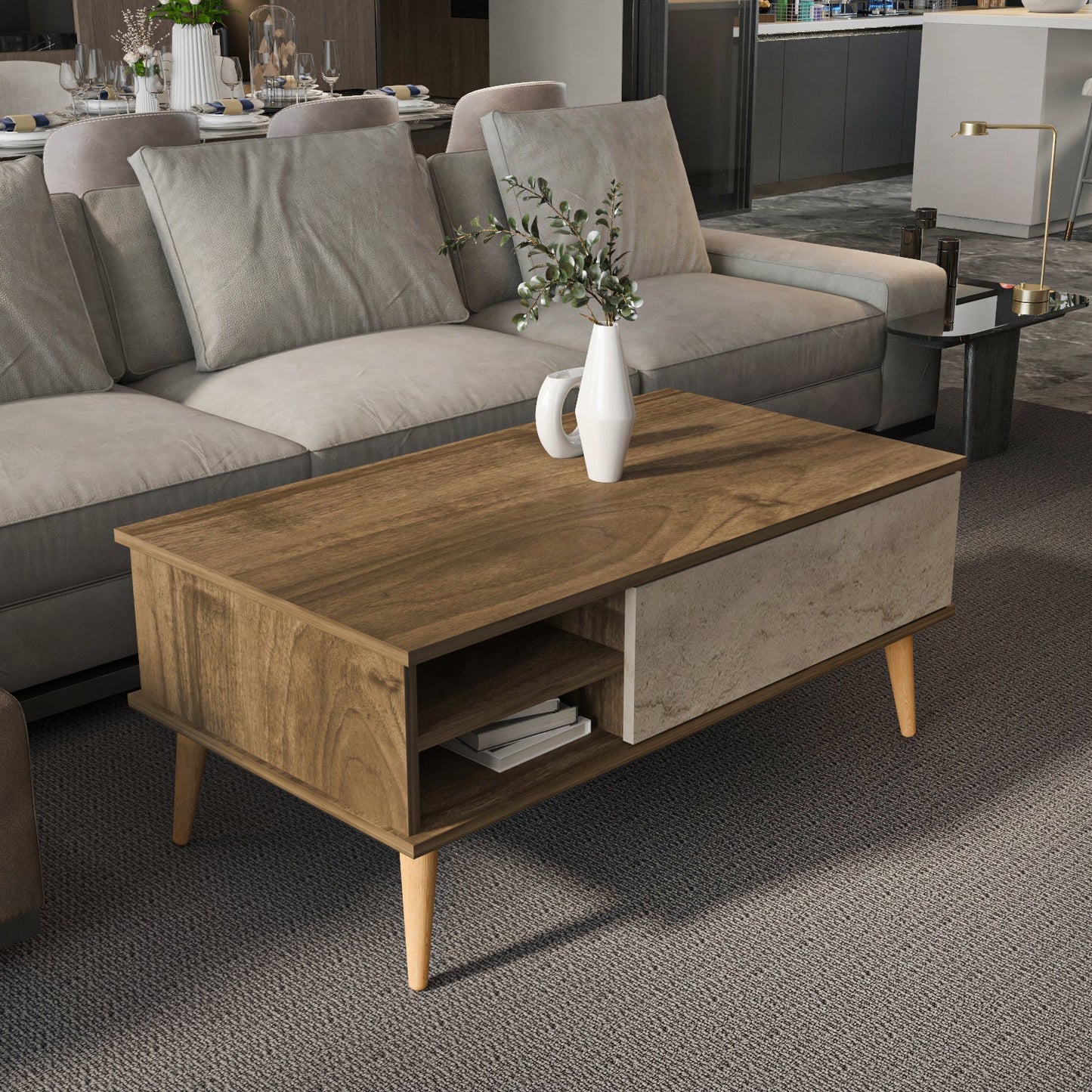 Como 47" Modern Coffee Table with Hidden Compartment and Open Shelves