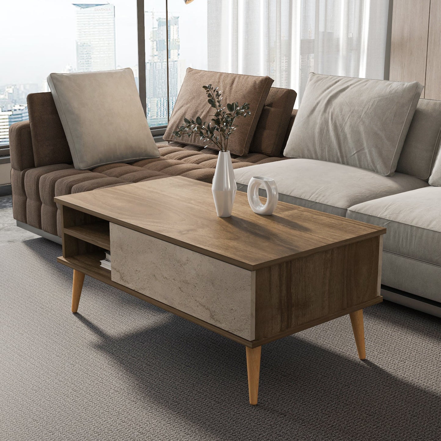 Como 47" Modern Coffee Table with Hidden Compartment and Open Shelves