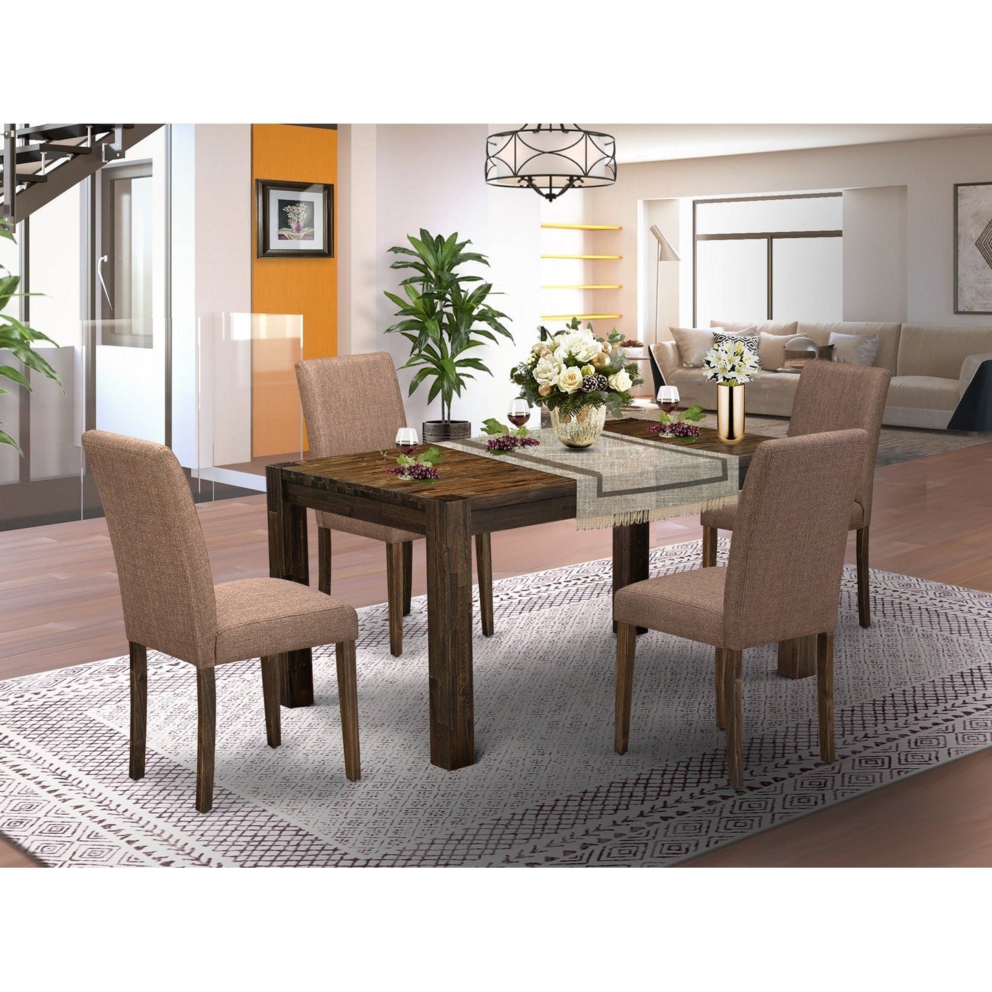 EAST WEST FURNITURE - CNAB5-77-47 - 5-Pc Dining Room Set- 4 Parson Dining Chairs and Kitchen Dining Table - Light Sable Linen Fabric Seat and Stylish Chair Back (Distressed Jacobean Finish)