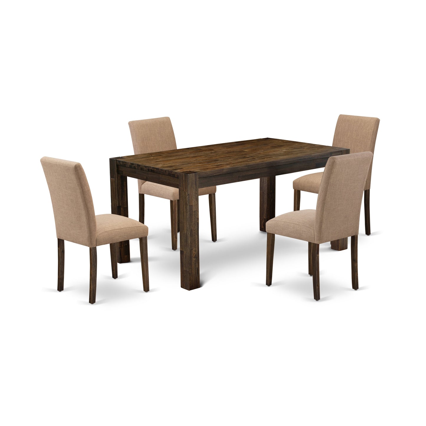 EAST WEST FURNITURE - CNAB5-77-47 - 5-Pc Dining Room Set- 4 Parson Dining Chairs and Kitchen Dining Table - Light Sable Linen Fabric Seat and Stylish Chair Back (Distressed Jacobean Finish)