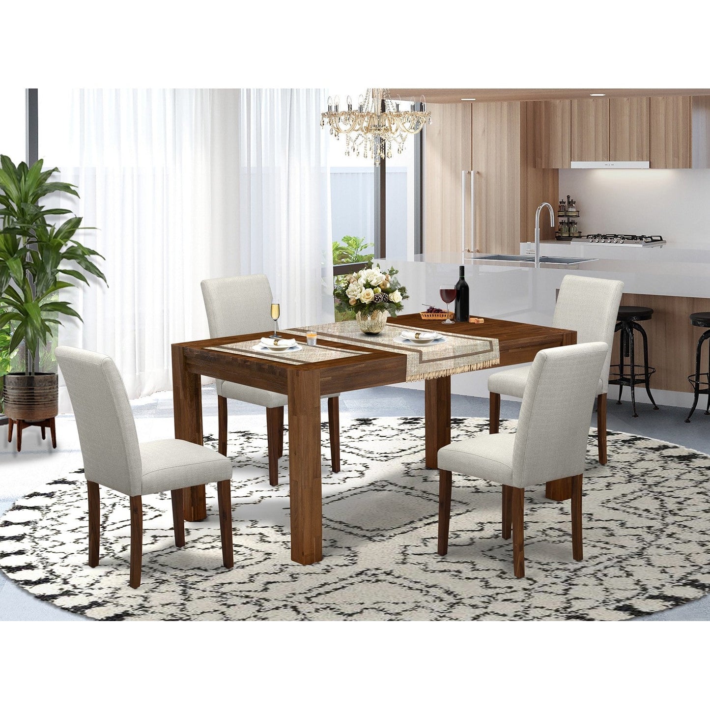 EAST WEST FURNITURE - CNAB5-N8-05 - 5-Pc Modern Dining Table Set- 4 Dining Chairs and Wood Dining Table - Grey Linen Fabric Seat and High Chair Back (Antique Walnut Finish)