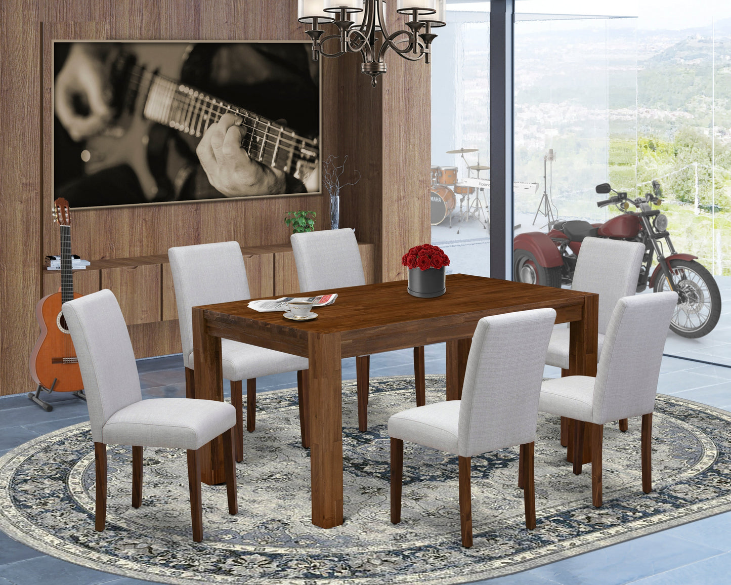 EAST WEST FURNITURE - CNAB7-N8-05 - 7-Pc Modern Dining Set- 6 Parson Dining Chairs and Modern Kitchen Table - Grey Linen Fabric Seat and High Chair Back (Antique Walnut Finish)
