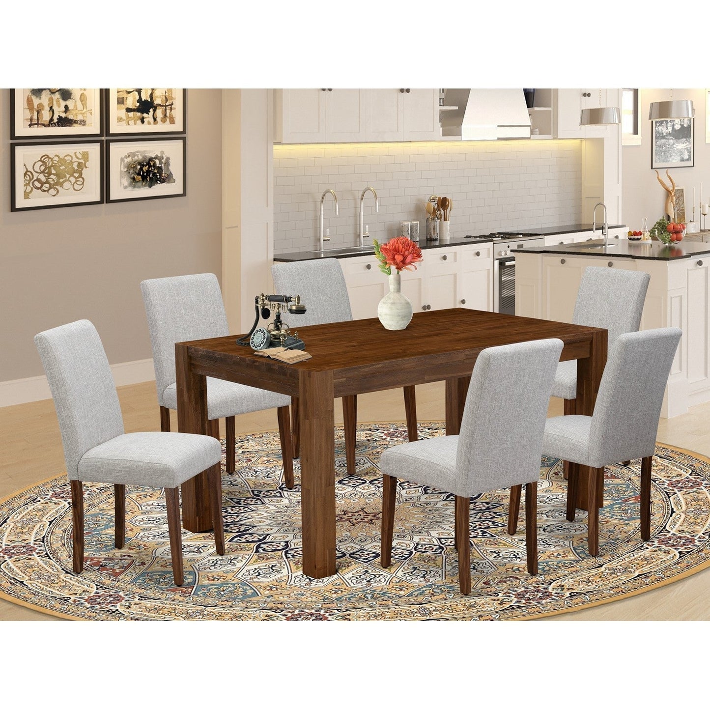 EAST WEST FURNITURE - CNAB7-NN-35 - 7-Pc Dining Room Set- 6 Dining Padded Chairs and dining table - Doeskin Linen Fabric Seat and High Chair Back (Antique Walnut Finish)