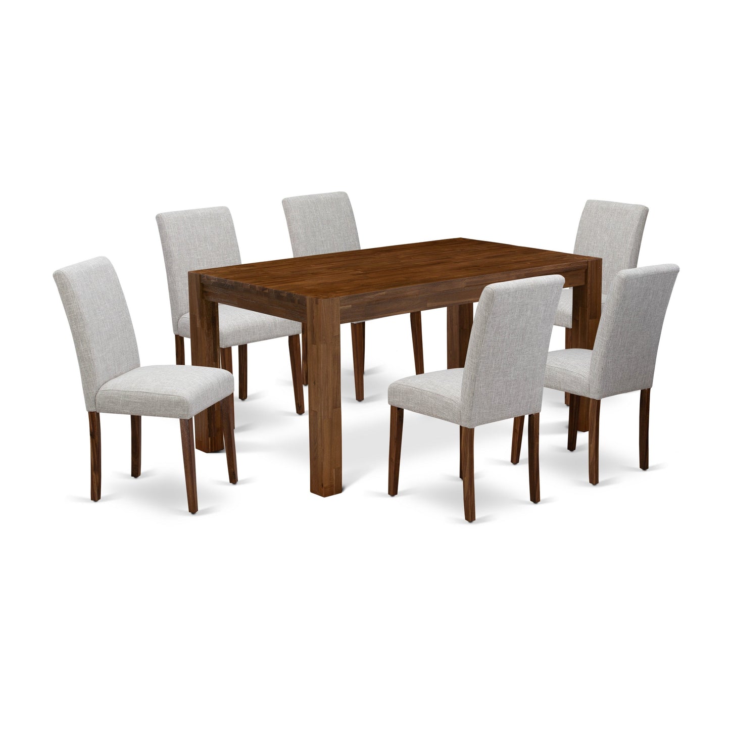EAST WEST FURNITURE - CNAB7-NN-35 - 7-Pc Dining Room Set- 6 Dining Padded Chairs and dining table - Doeskin Linen Fabric Seat and High Chair Back (Antique Walnut Finish)