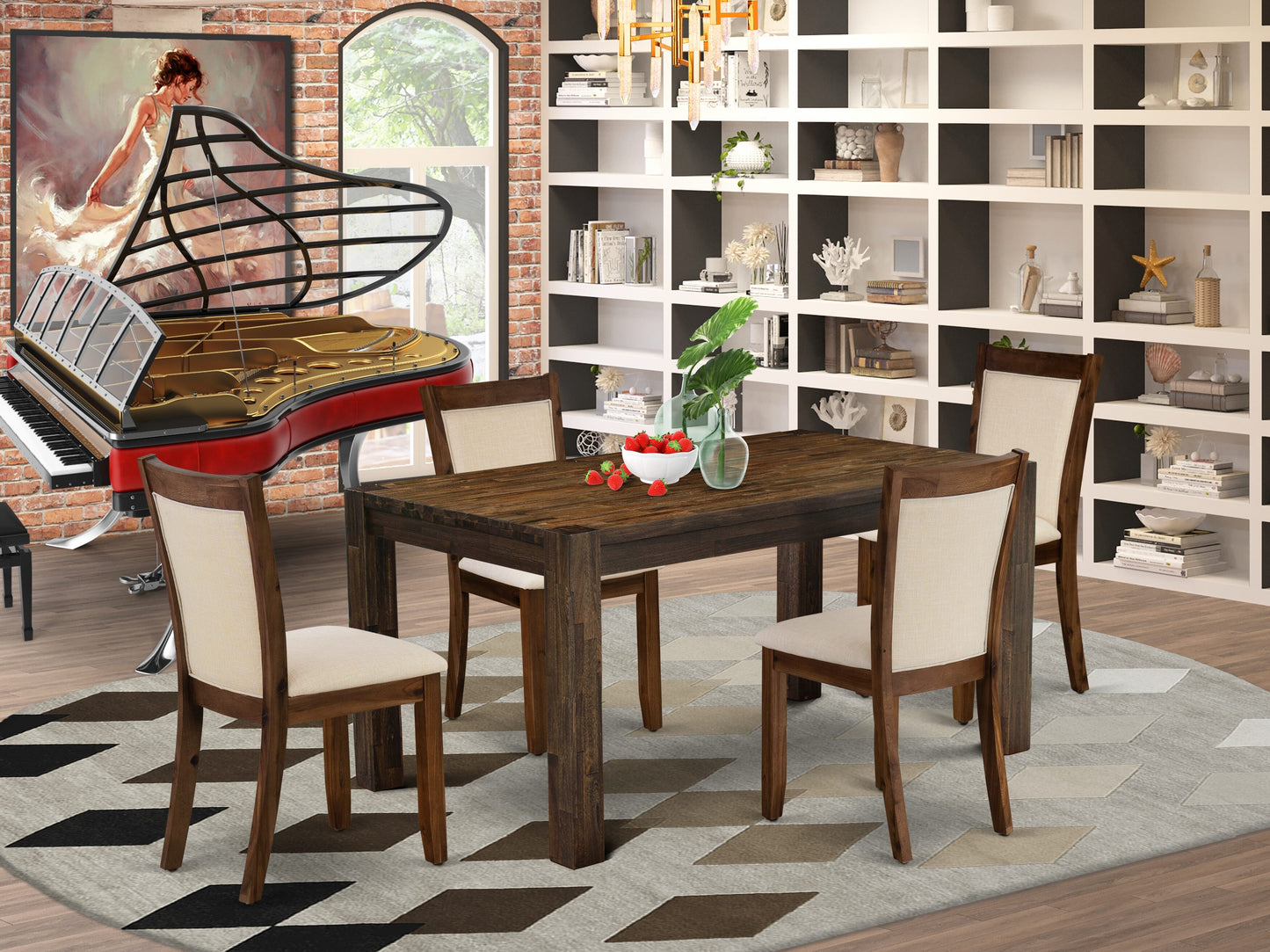 EAST WEST FURNITURE - CNMZ5-N7-32 - 5-Piece Dinner Table Set - A Mid Century Dining Table and 4 Light Beige Linen Fabric Padded Wood Dining Chairs with Stylish High Back � (Distressed Jacobean Finish)