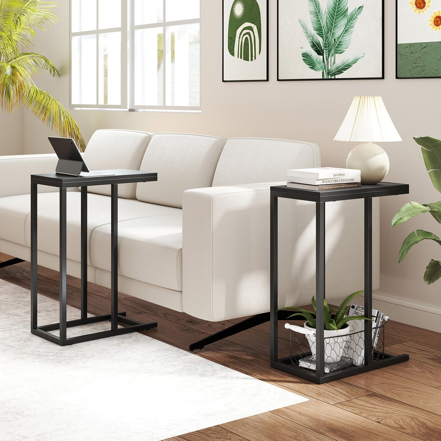 C-shaped End Table Slide Under Couch TV Tray for Coffee Laptop Tablet