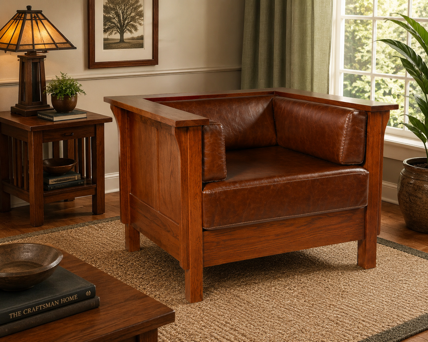 Mission / Craftsman Cubic Panel Side Arm Chair - Chestnut