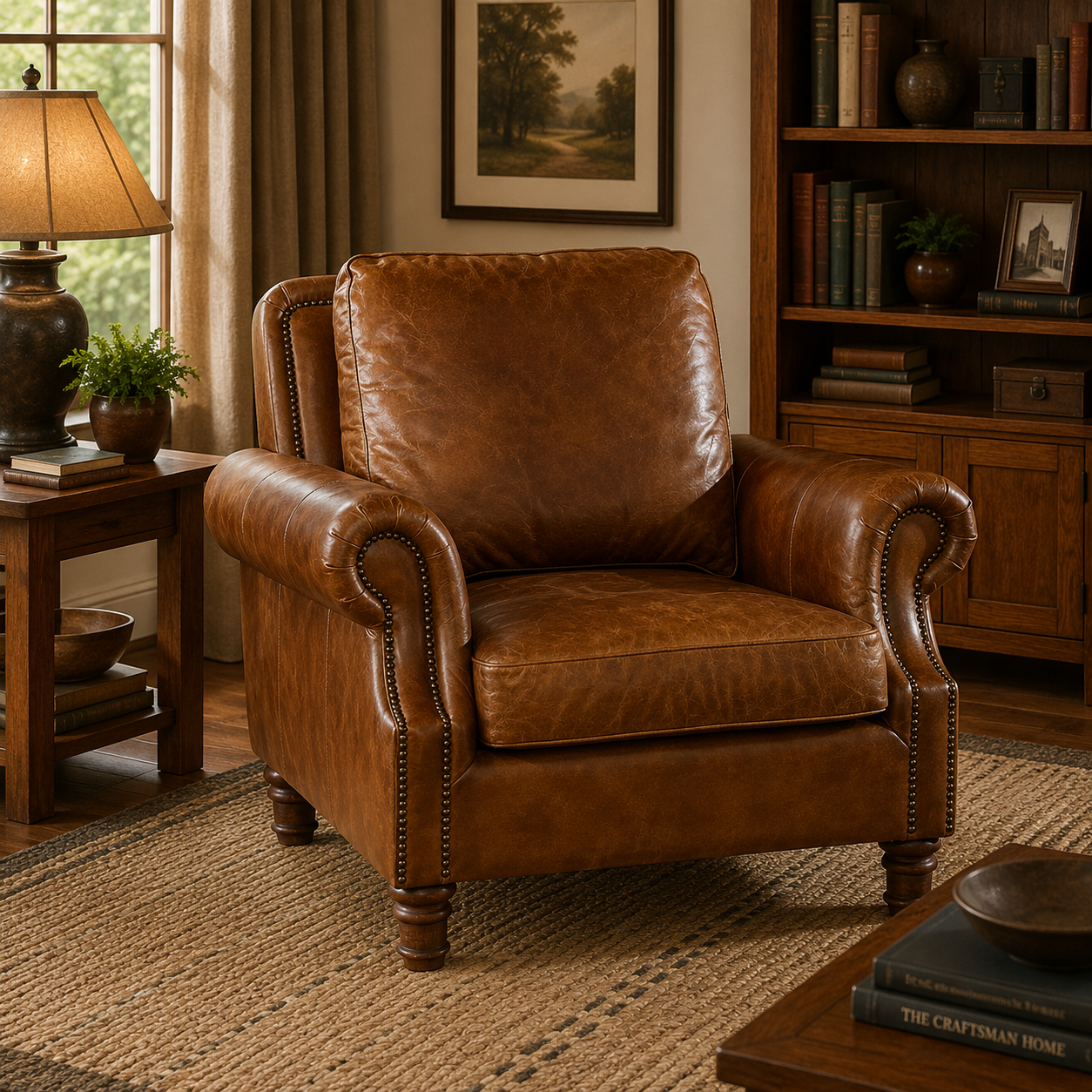 English Rolled Arm - Arm Chair - Light Brown Leather