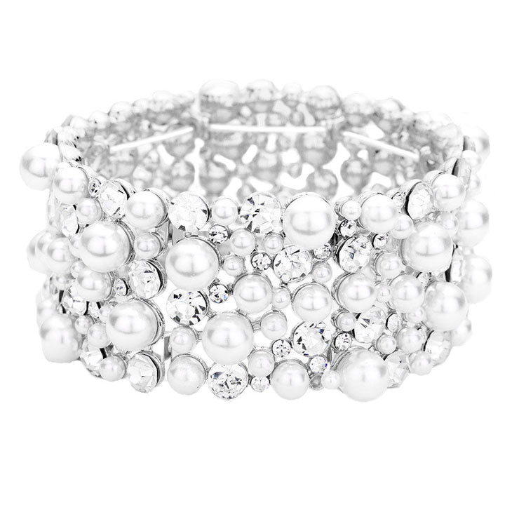 Pearl Crystal Pave Stretch Evening Bracelet