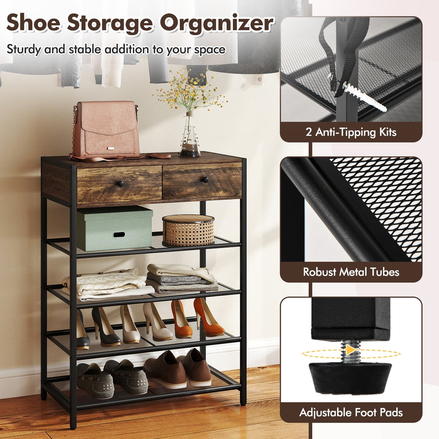 Coat Rack Shoe Stand Set 5-Tier Shoe Rack with Wall-Mounted Coat Hanger-Brown