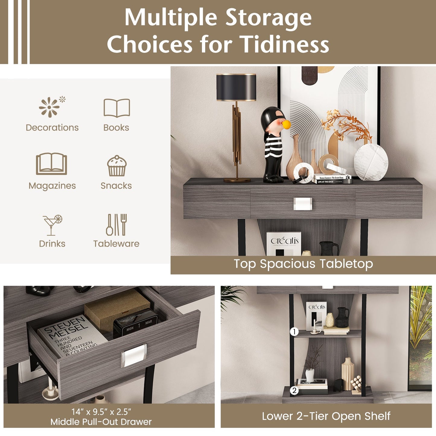 Console Table with Drawer and 2-Tier Shelves for Entryway Living Room