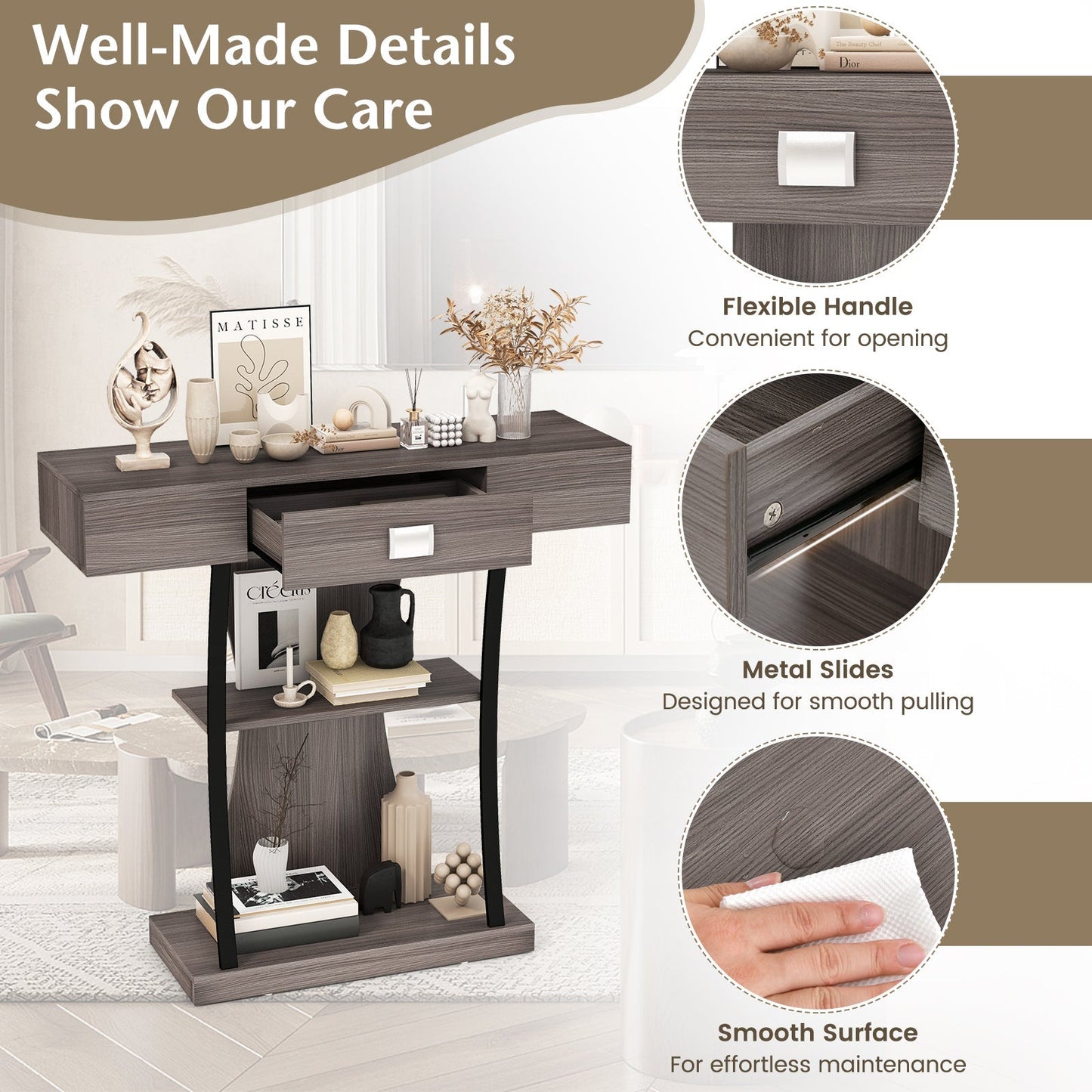 Console Table with Drawer and 2-Tier Shelves for Entryway Living Room