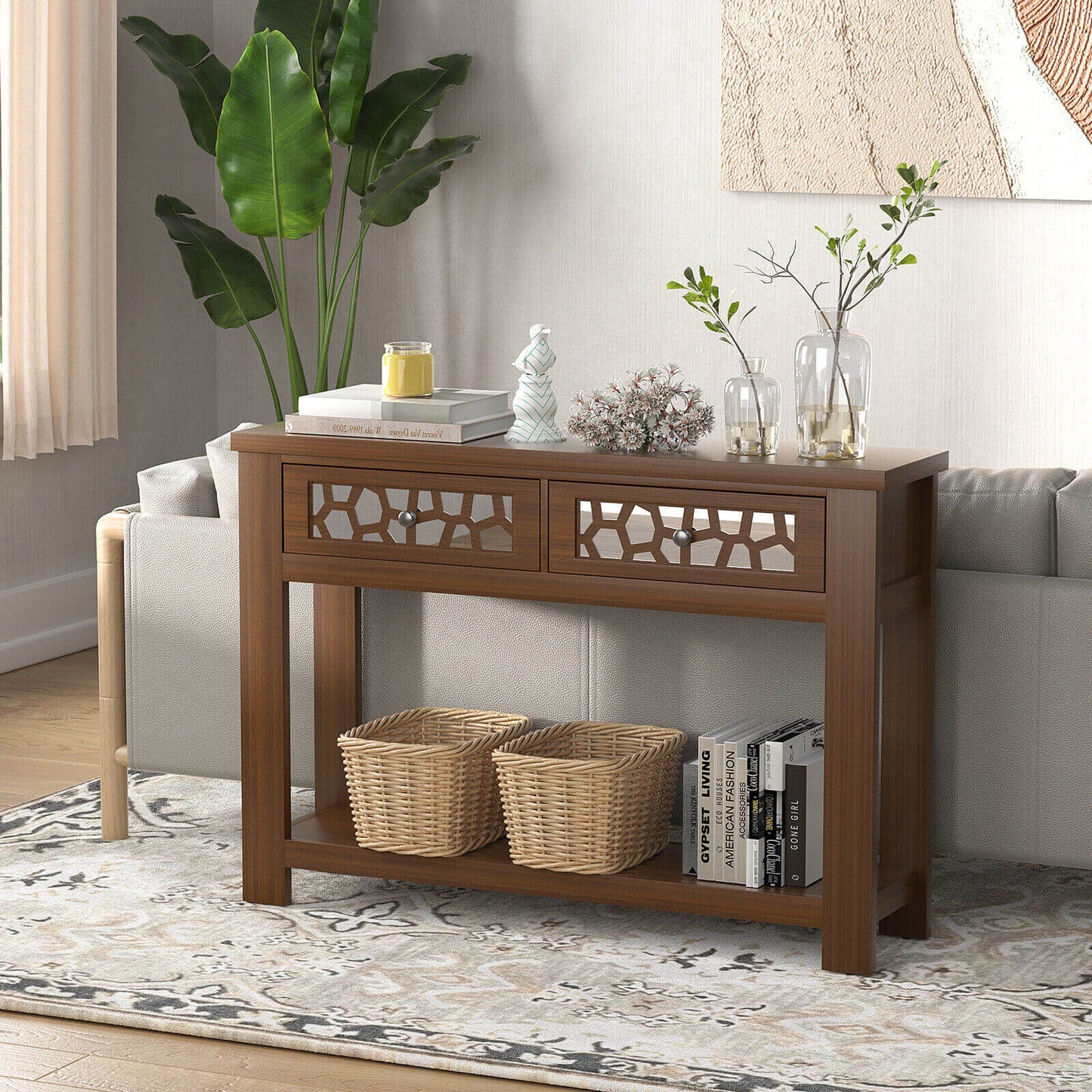 2-Tier Console Table with Drawers and Open Storage Shelf