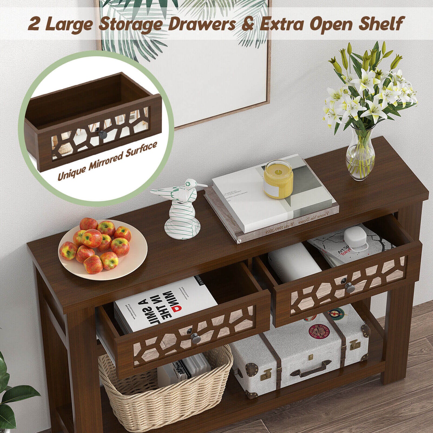 2-Tier Console Table with Drawers and Open Storage Shelf