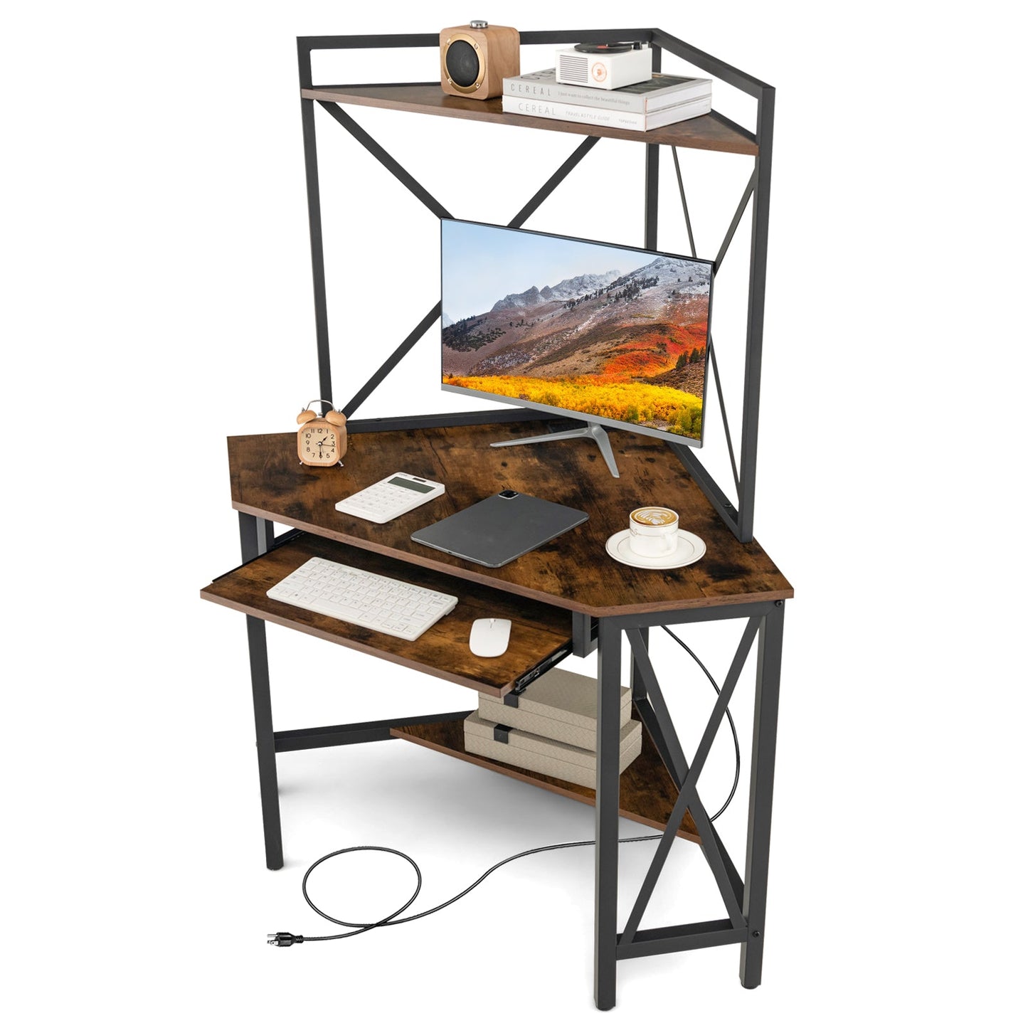 Space-Saving Corner Computer Desk with with Hutch and Keyboard Tray