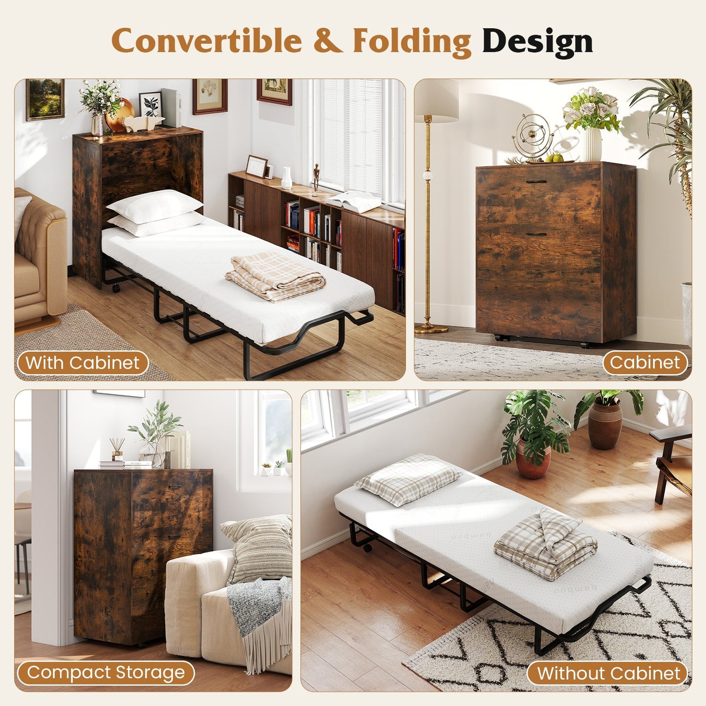 Cot Size Murphy Bed with Foldable Bed and Lockable Wheels