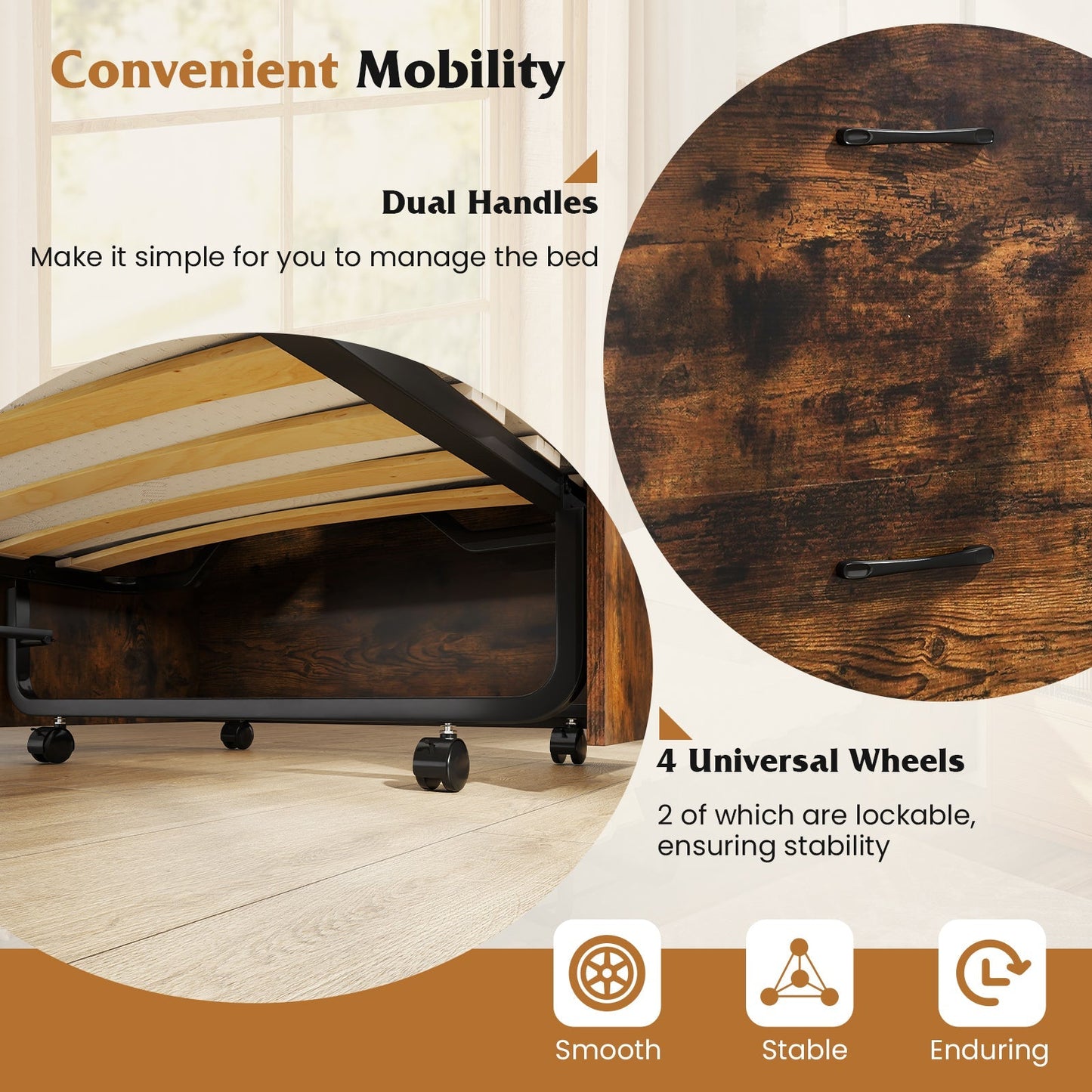 Cot Size Murphy Bed with Foldable Bed and Lockable Wheels