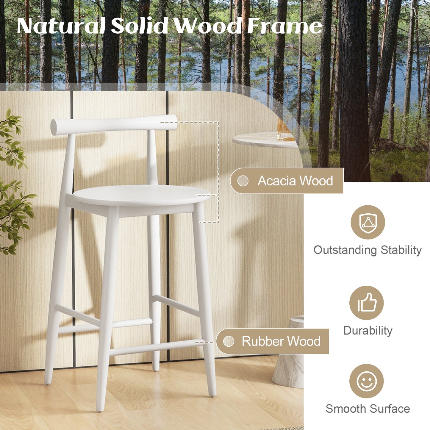 Counter Height Bar Chair Set with Acacia Wood Frame and Supporting Legs