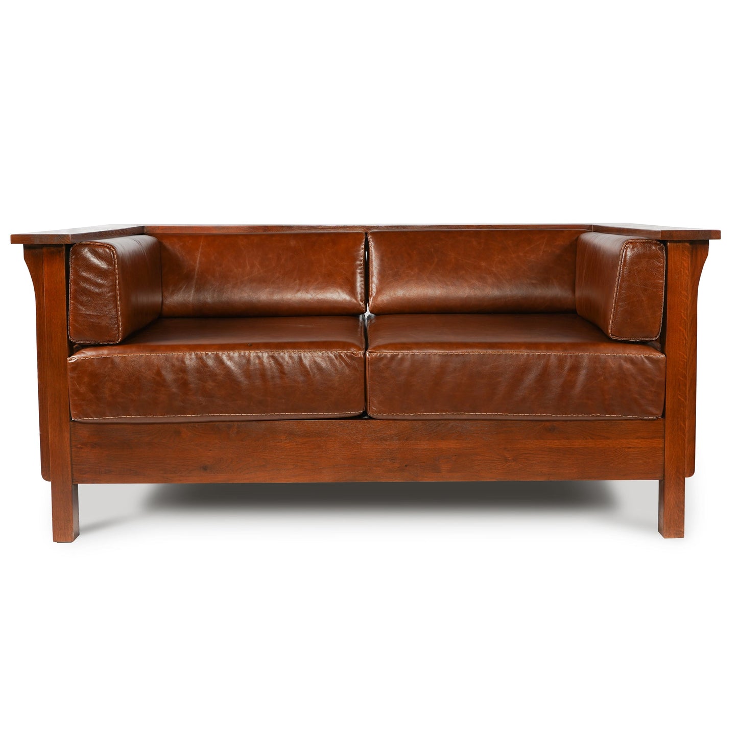 Mission / Craftsman Cubic Slat Side Love Seat - Chestnut Brown Leather