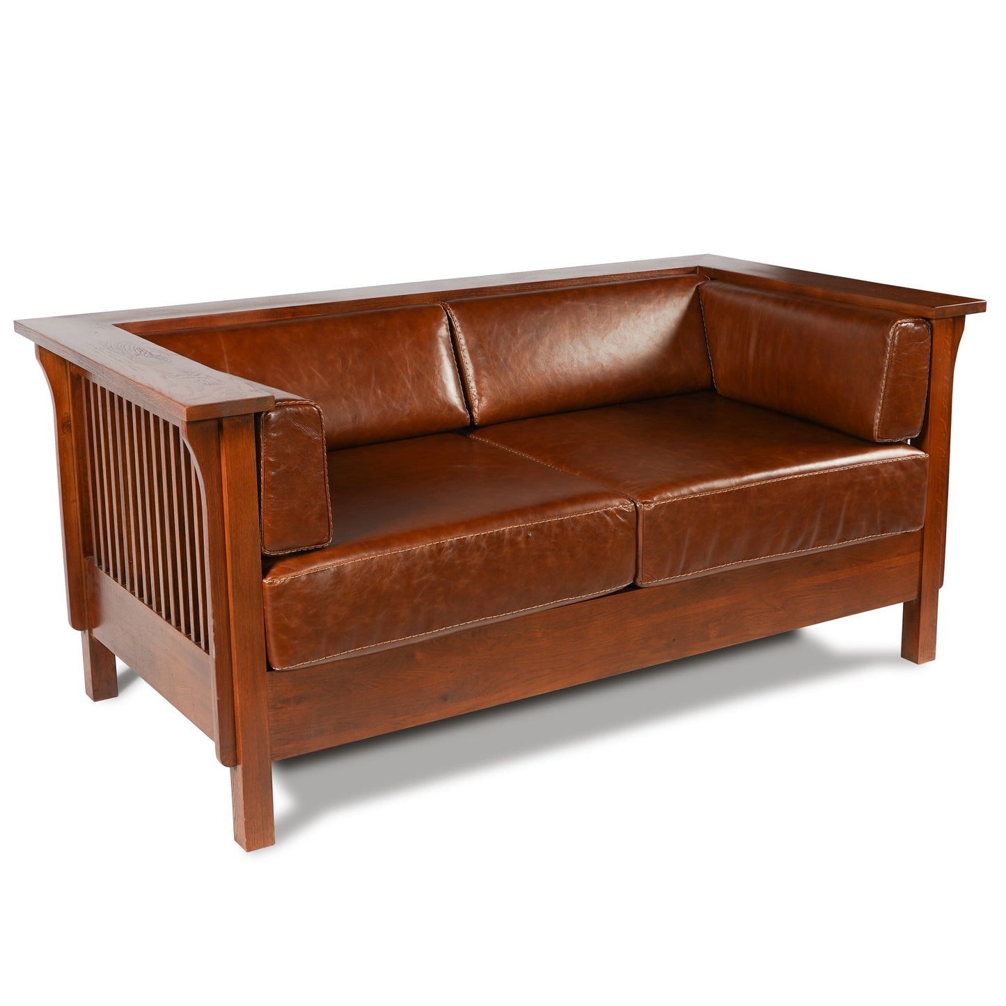 Mission / Craftsman Cubic Slat Side Love Seat - Chestnut Brown Leather