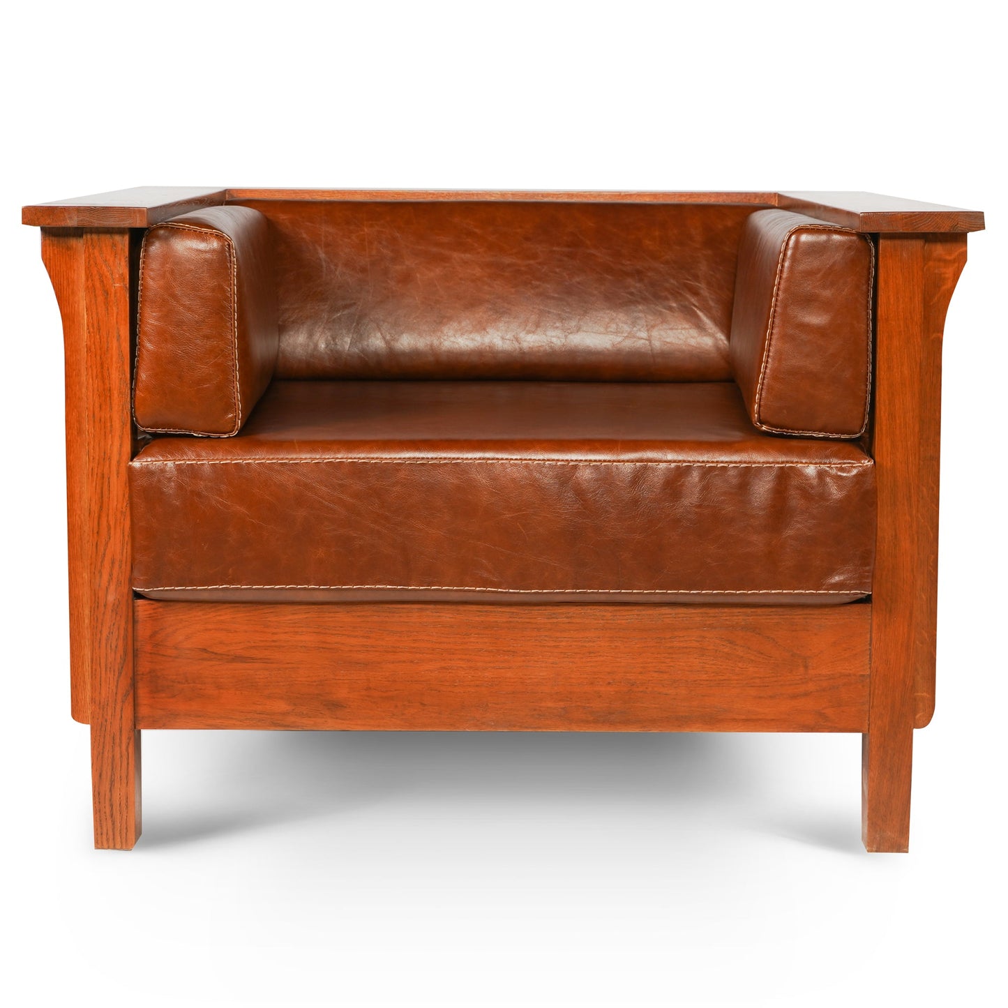 Arts and Crafts / Craftsman Cubic Slat Side Arm Chair - Chestnut Brown Leather