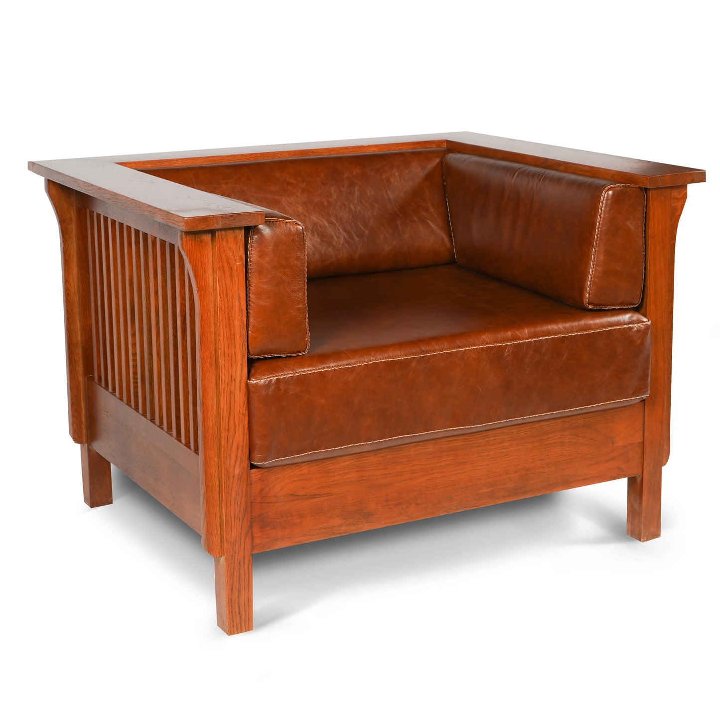 Arts and Crafts / Craftsman Cubic Slat Side Arm Chair - Chestnut Brown Leather