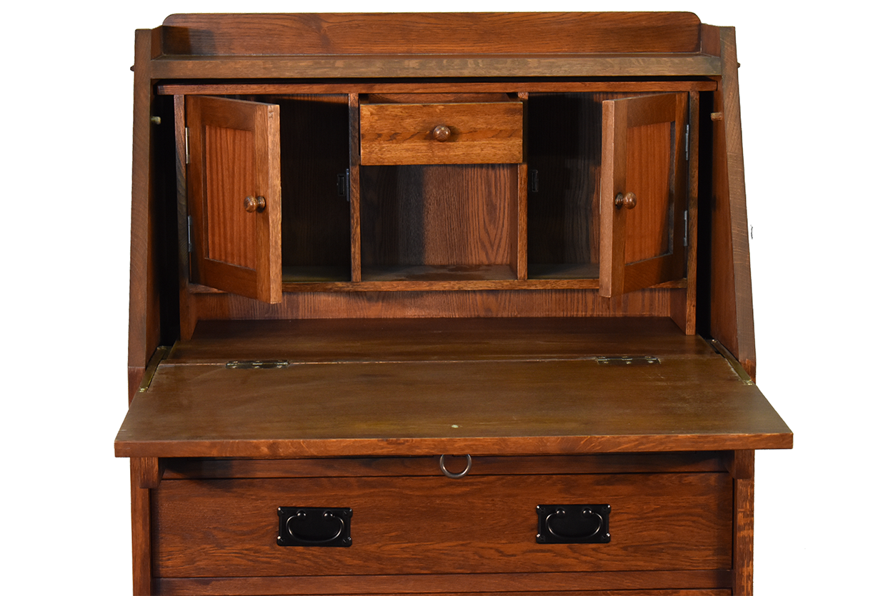 Arts and Crafts Mission Solid Oak Secretary Desk - Dark Brown
