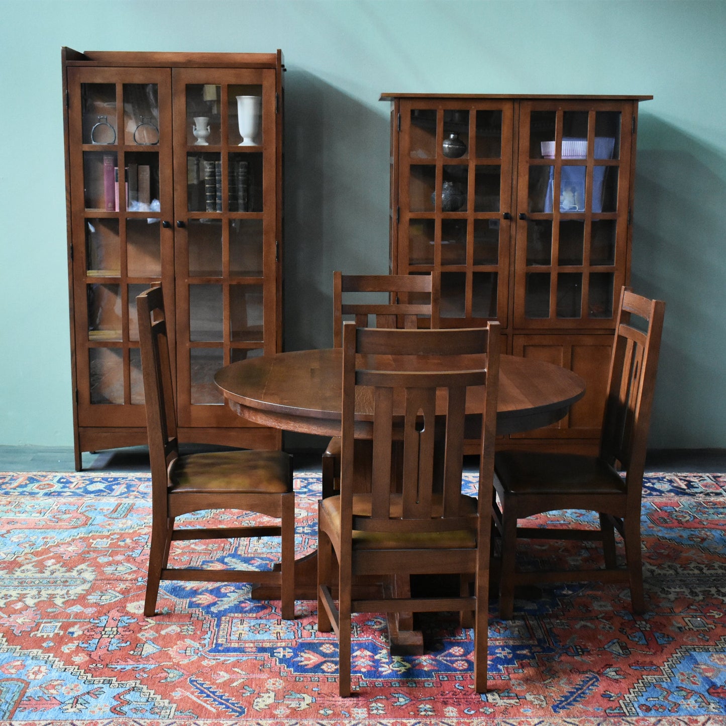 Mission Quarter Sawn Oak 2 Leaf Round Dining Table Set w/ 6 Chairs