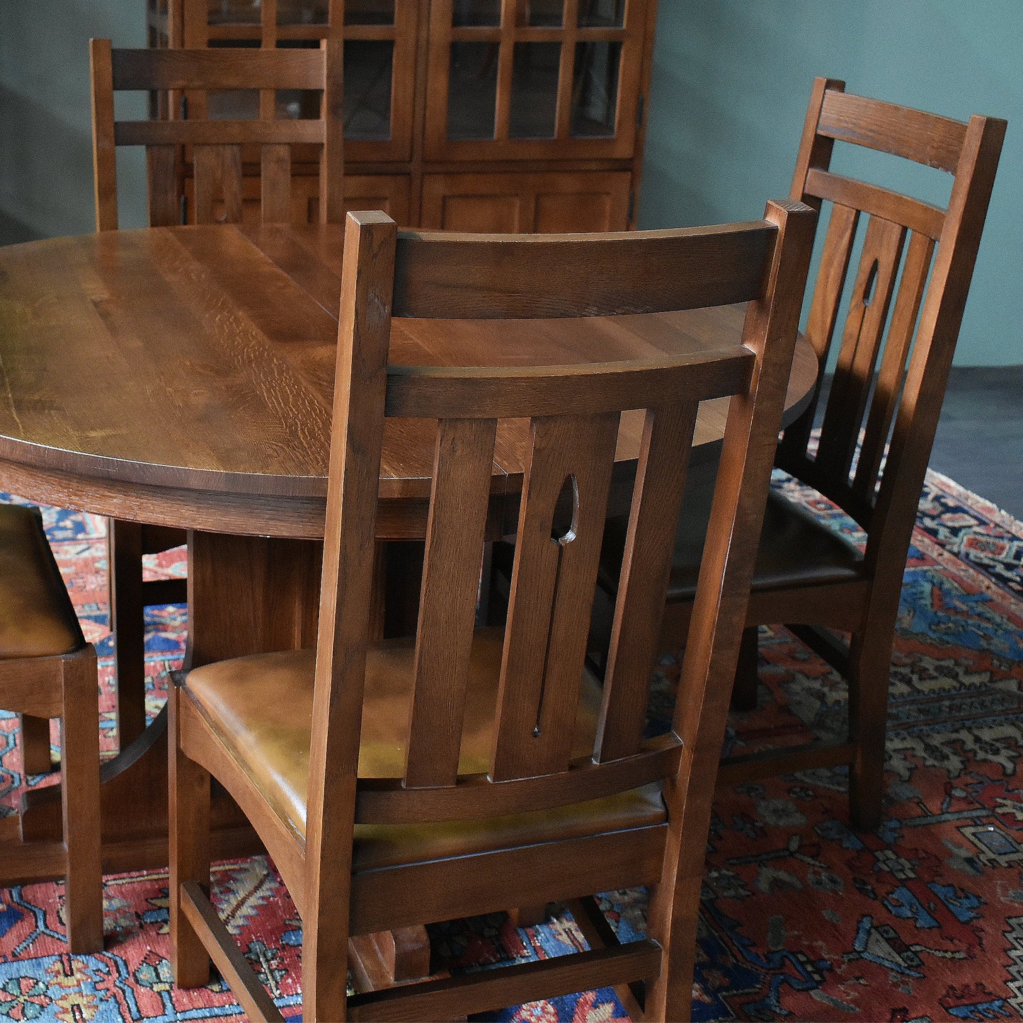 Mission Quarter Sawn Oak 2 Leaf Round Dining Table Set w/ 6 Chairs