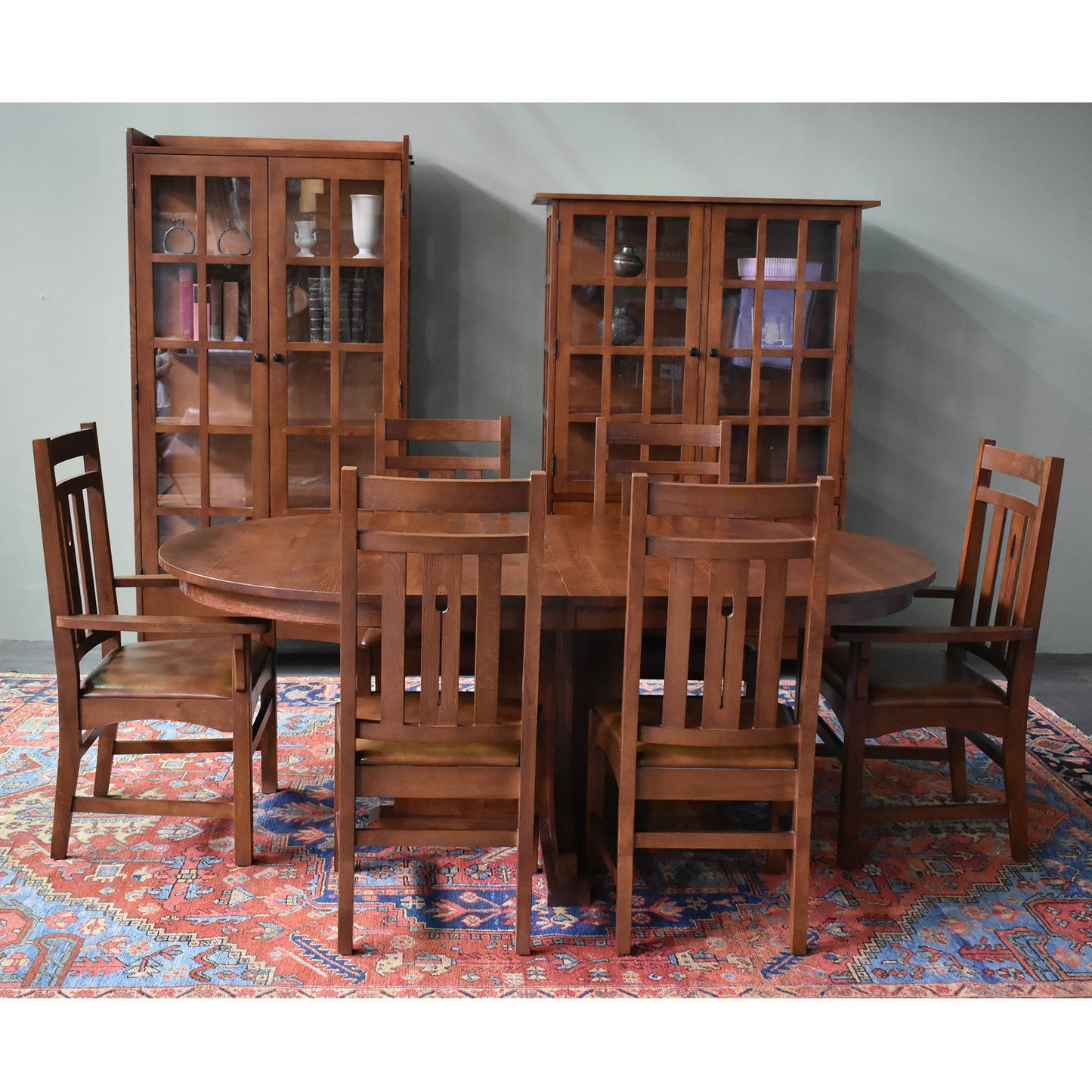 Mission Quarter Sawn Oak 2 Leaf Round Dining Table Set w/ 6 Chairs