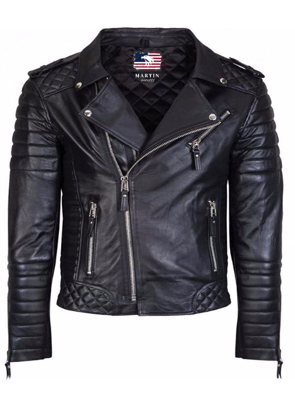 Diamond quilted black leather jacket